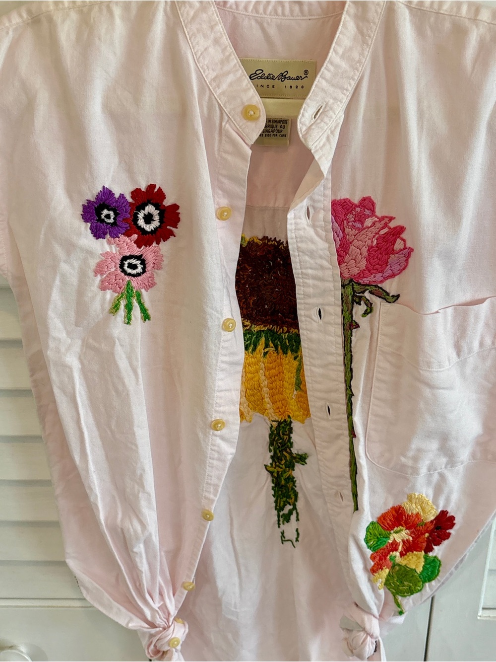Vintage UpCycled Top Hand Embroidered Eddie Bauer Mens Pink ButtonDown Floral